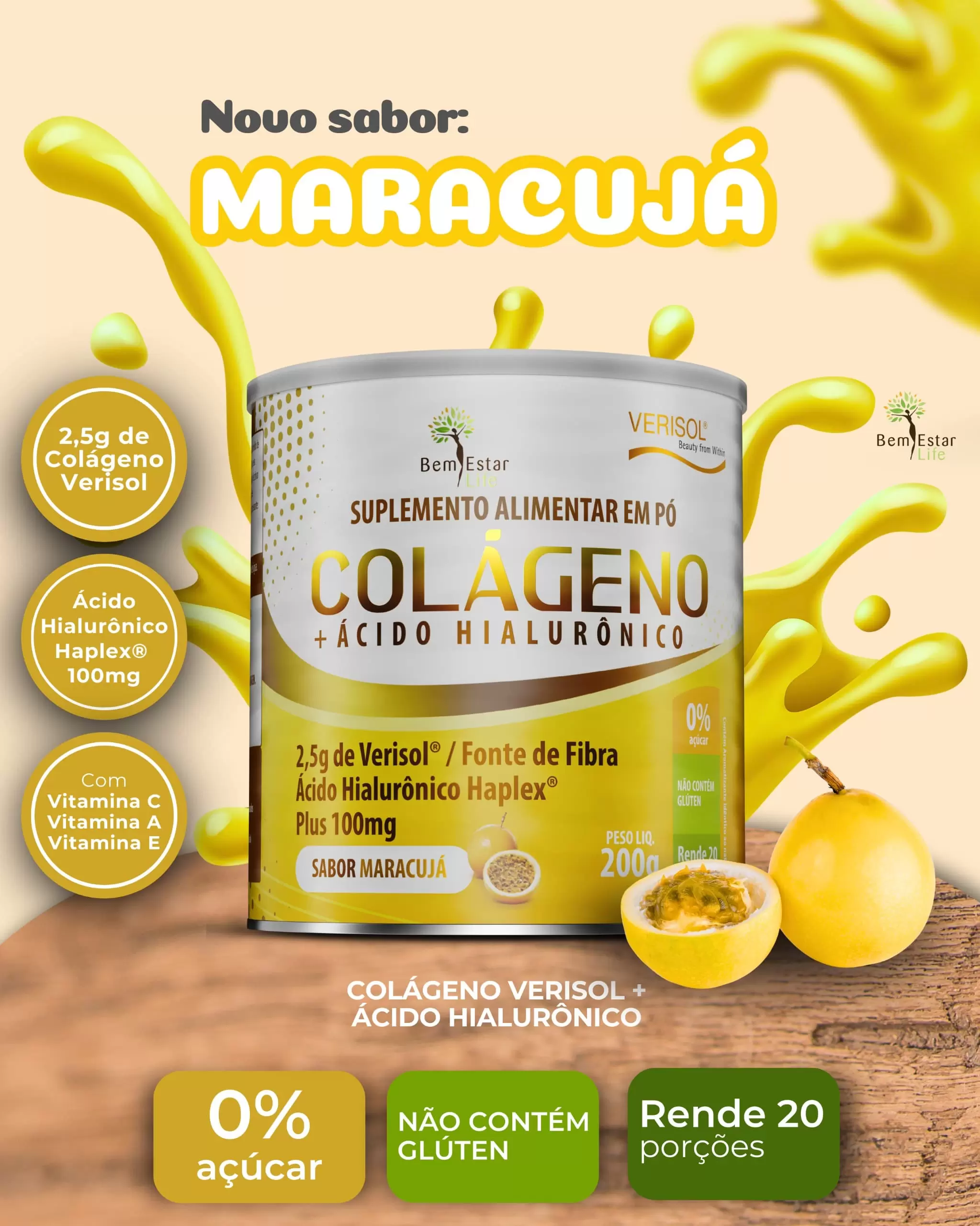 COLAGENO EM PO COM VERISOL E ACIDO HIALURONICO SABOR MARACUJA