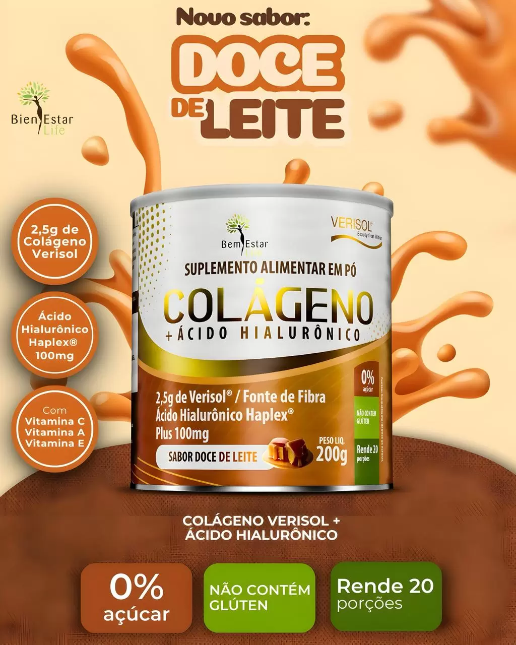 COLAGENO VERISOL EM PÓ COM ÁCIDO HIALURONICO, SABOR DOCE DE LEITE 