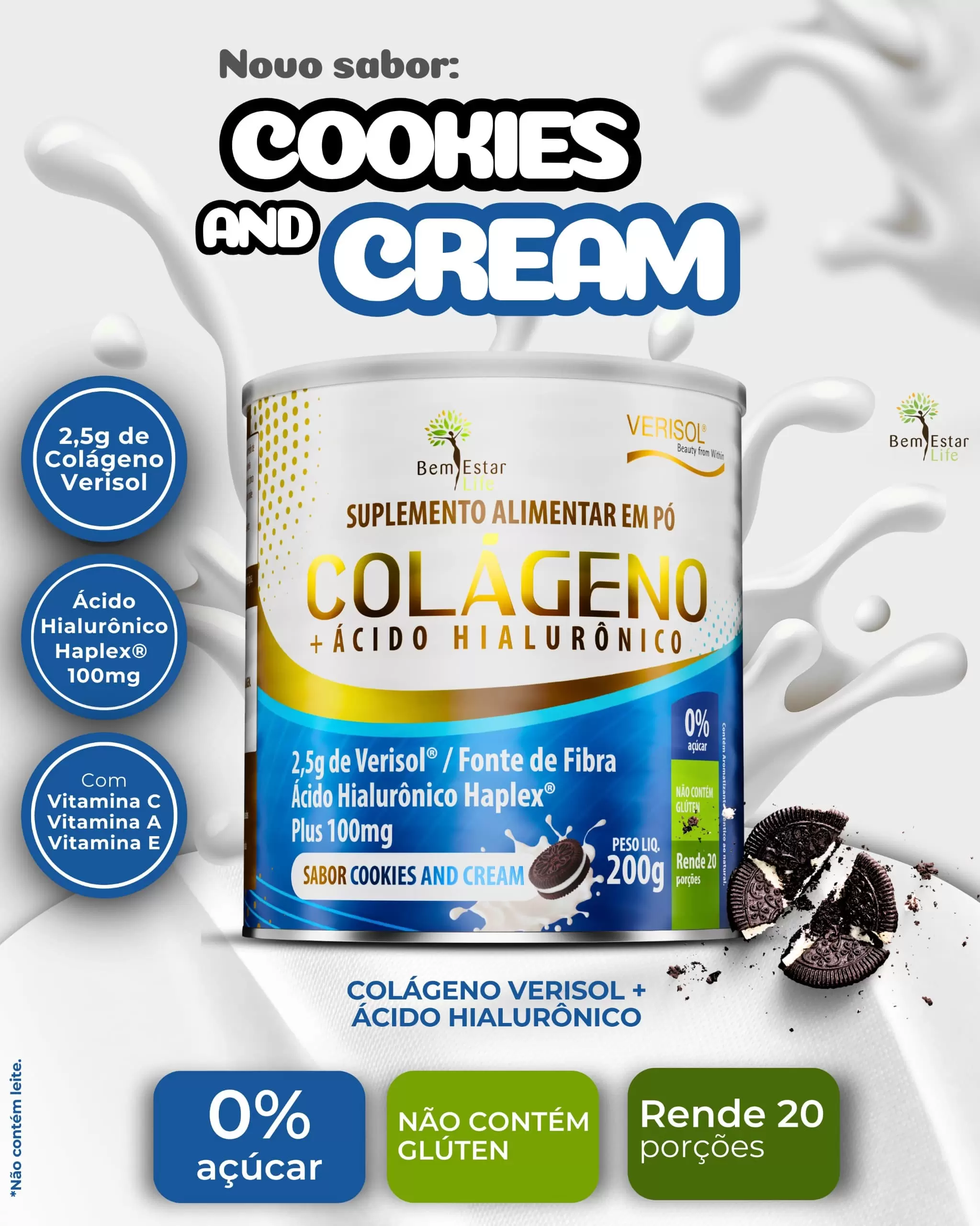 COLAGENO EM PO COM VERISOL E ACIDO HIALURONICO SABOR COOKIES AND CREAN