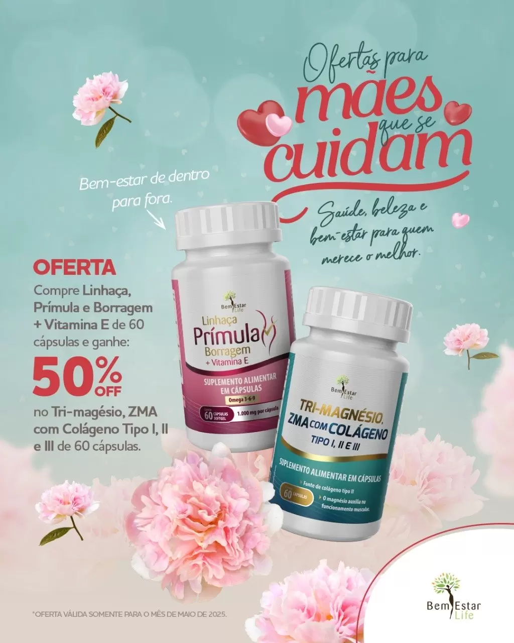 OFERTA MAIO- Na compra da Prímula, receba 50% de desconto no Tri-magnesio com colageno tipo 1,2,3