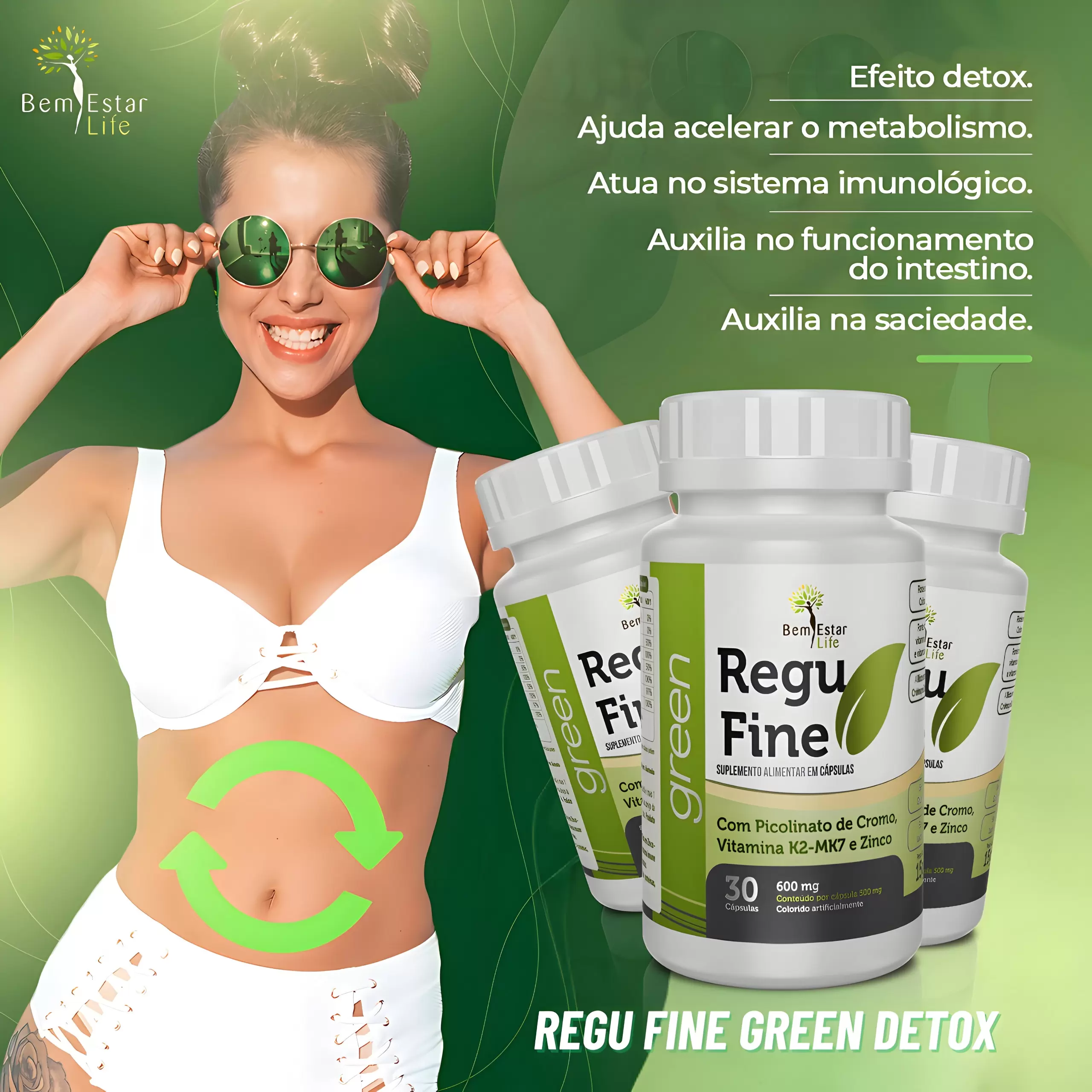 OFERTA REGU FINE GREEN DETOX - 30 CAPS + COPO ROSA COM CANUDO