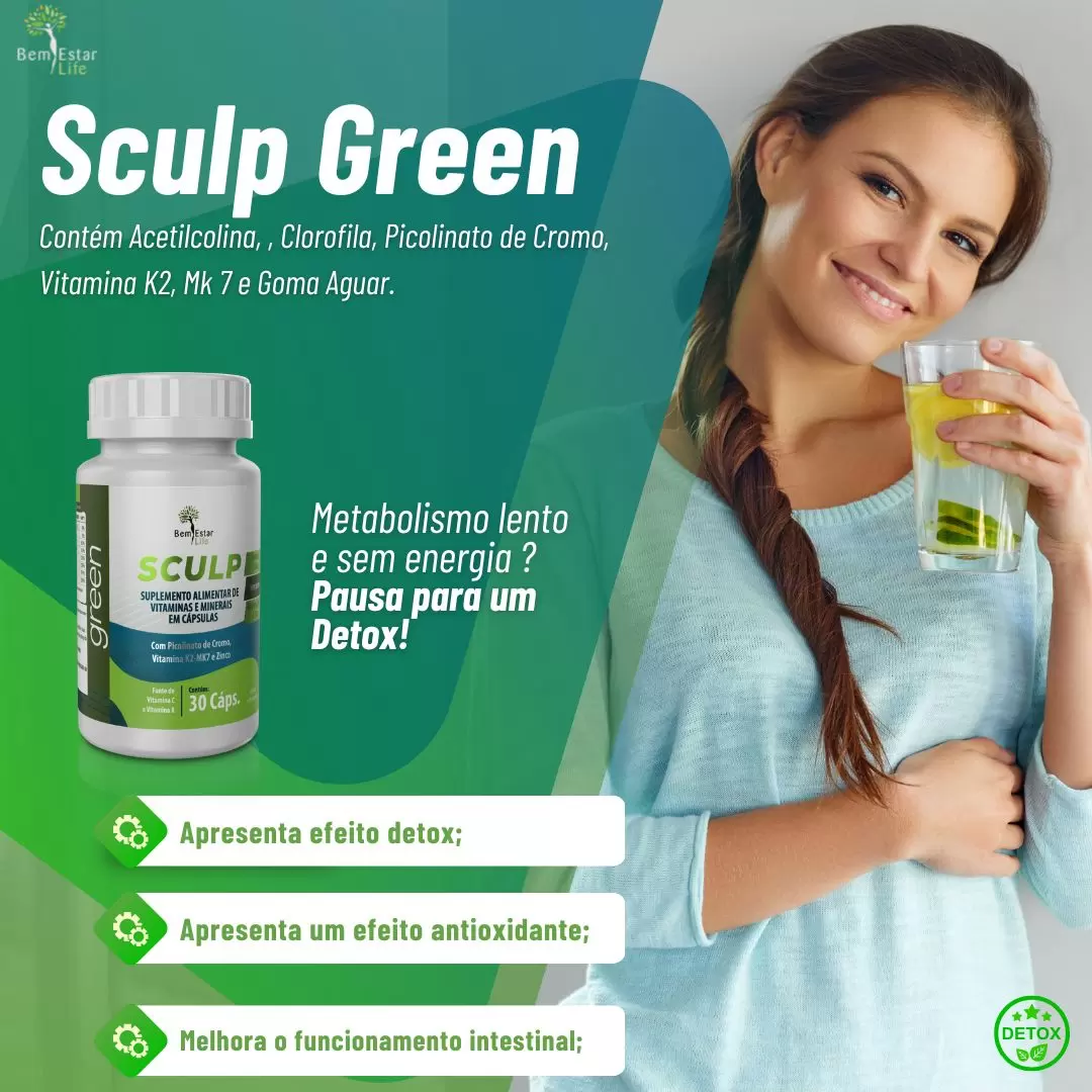 OFERTA SCULP GREEN DETOX - 30 CAPS + COPO ROSA COM CANUDO