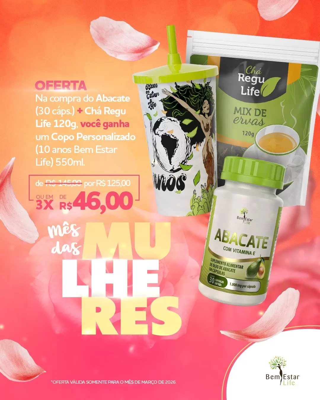 OFERTA - OLEO DE ABACATE 30 CAPS + CHA REGU LIFE PACOTE + COPO COMEMORATIVO 10 ANOS